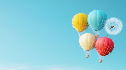 Obraz premium A surreal scene of dandelion seeds turning into colorful hot air balloons, drifting peacefully across a clear blue sky