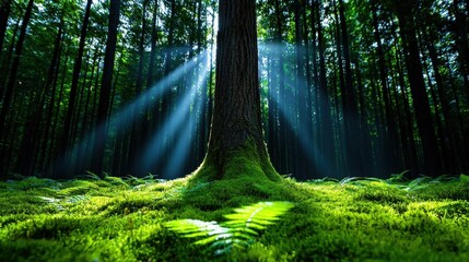 Obraz premium A photostock of a magical forest scene with sunlight streaming through tall trees, illuminating patches of moss and ferns, symbolizing wonder and serenity. High Quality