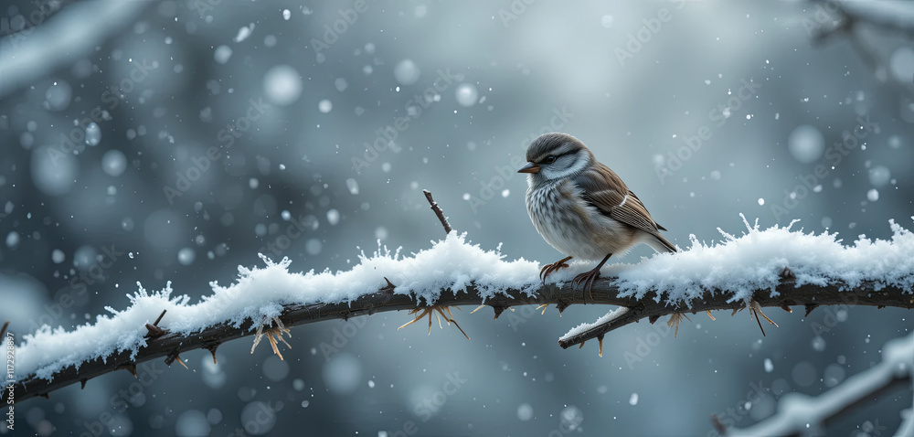 Poster a small bird sits quietly on a snow-covered branch in a tranquil setting. snowflakes gently fall, cr