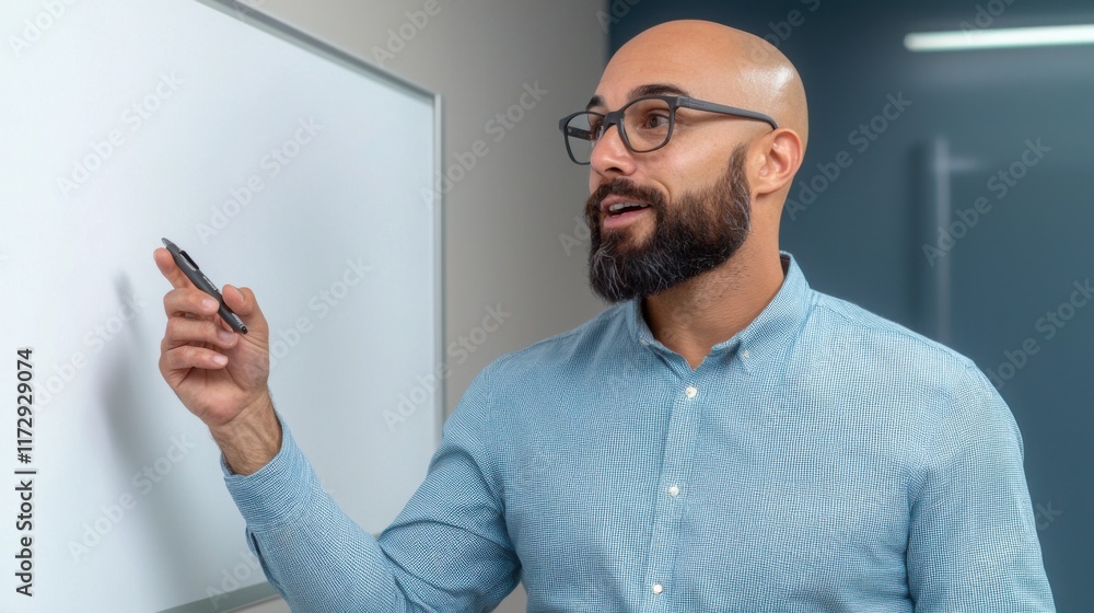 Poster a training session in the office with an instructor presenting on a whiteboard or screen while emplo