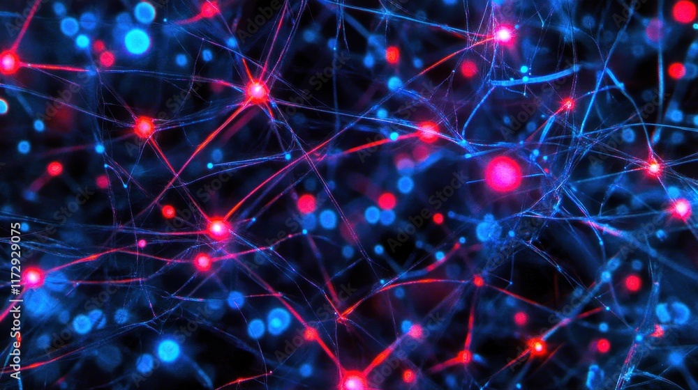 Poster abstract neural network, glowing nodes and connections.