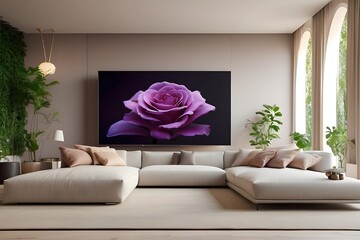 Large television in a living room. A large TV screen in an elegant living area. Artificial Intelligence