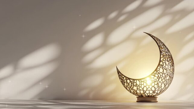 Moon and golden lantern Ramadan concept copy space greeting. Eid Al Fitr.