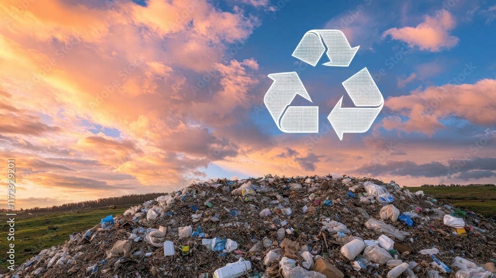 Poster a vast landfill with some recyclable materials separated in the foreground