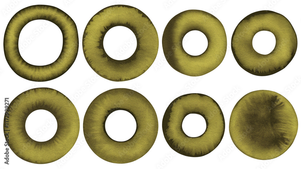 Poster different shapes and textures of round cushions displayed on a flat surface during an indoor design 