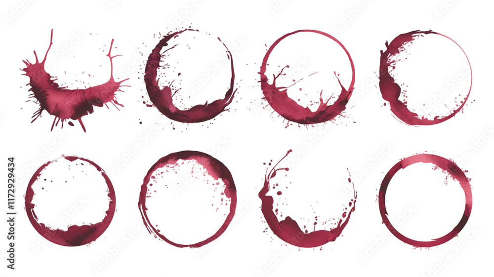 Aufkleber various red wine splash and stain patterns on a white background showcasing fluid shapes and texture