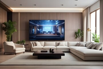 Large television in a living room. A large TV screen in an elegant living area. Artificial Intelligence