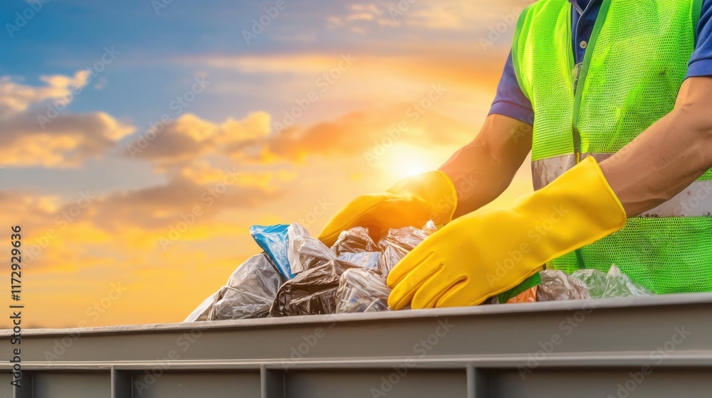 Poster a worker wearing a reflective vest and gloves sorting recyclable materials into separate bins at a r