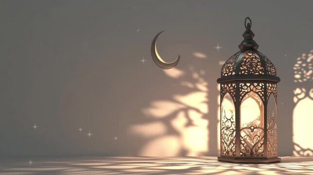 Moon and golden lantern Ramadan concept copy space greeting. Eid Al Fitr.