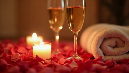 Romantic Candlelight Scene: Champagne Flutes, Rose Petals, and Warm Glow