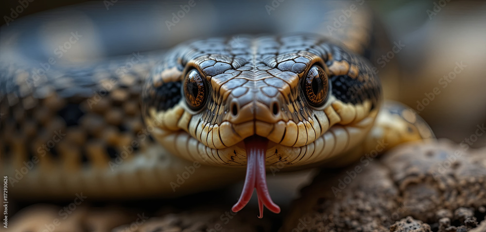 Poster the snake rests on the ground, showcasing vibrant scales and intricate patterns. its tongue flicks i