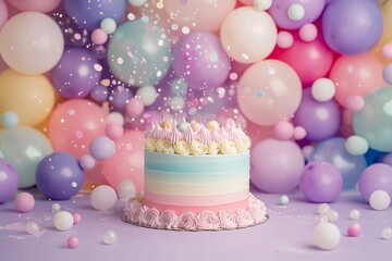Ombre-style cake surrounded by colorful balloons on a pastel lavender background