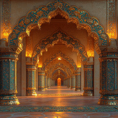 Ornate palace hallway with glowing archways, intricate details, and receding perspective, ideal for backgrounds