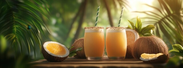 Fototapeta premium Refreshing coconut drinks and tropical juices evoke exotic flavors and relaxation in a lush Caribbean and Asian paradise setting
