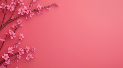 Fototapeta premium A delicate branch of pink flowers against a soft coral background, creating a serene and vibrant aesthetic.