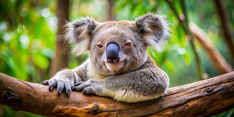 Fototapeta premium A koala relaxes on a sturdy branch, appearing calm and content. Its thick fur blends with the natural surroundings, while green leaves provide a vibrant backdrop