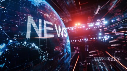 Dynamic digital news studio with 3d rotating earth and animated  news  text in futuristic design