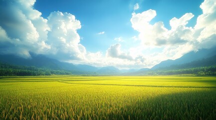 Fototapeta premium A field of yellow grass with a beautiful sunset in the background