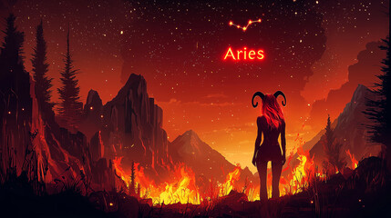 Fototapeta premium A bold and stylish digital artwork featuring a confident woman with fiery red hair and ram horns, standing against a backdrop of blazing flames and sharp mountains