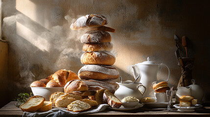  A beautifully styled photograph showcasing a tower of freshly baked bread stacked elegantly, with delicate white porcelain surrounding it, creating a refined and artistic food display.