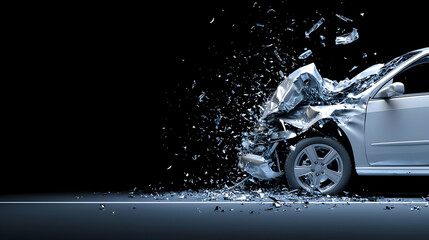 Car crash incident roadside high-impact collision dark environment close-up view automotive safety concept