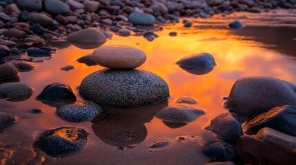 A beautifully composed stack of smooth, colorful stones with warm sunset reflections on a coastal shore.