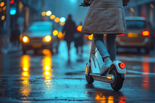 hands gripping electric scooter handlebars in bustling urban street setting - Powered by Adobe