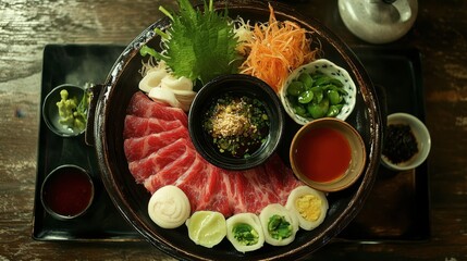 A beautifully plated shabu pork pan meal with a variety of fresh ingredients and flavorful dipping sauces.