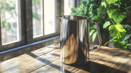 A shiny stainless steel pitcher on a wooden table by a window, surrounded by greenery.