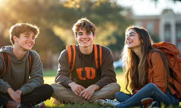 Joyful Students Sharing Laughter on a Sunny Campus Lawn  A Day of Friendship and Camaraderie. Discussing together to travel abroad