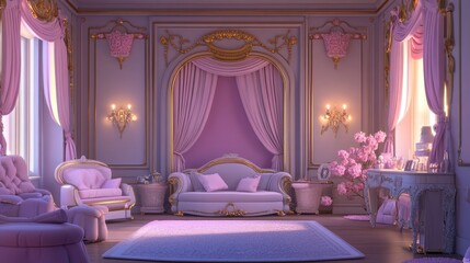 Fototapeta premium A beautiful princess living room with ornate curtains, gold-trimmed furniture, and soft lighting for a cozy atmosphere.