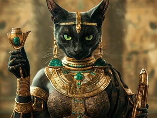 Obraz premium Majestic Black Cat Dressed as Ancient Egyptian Queen with Jewelry
