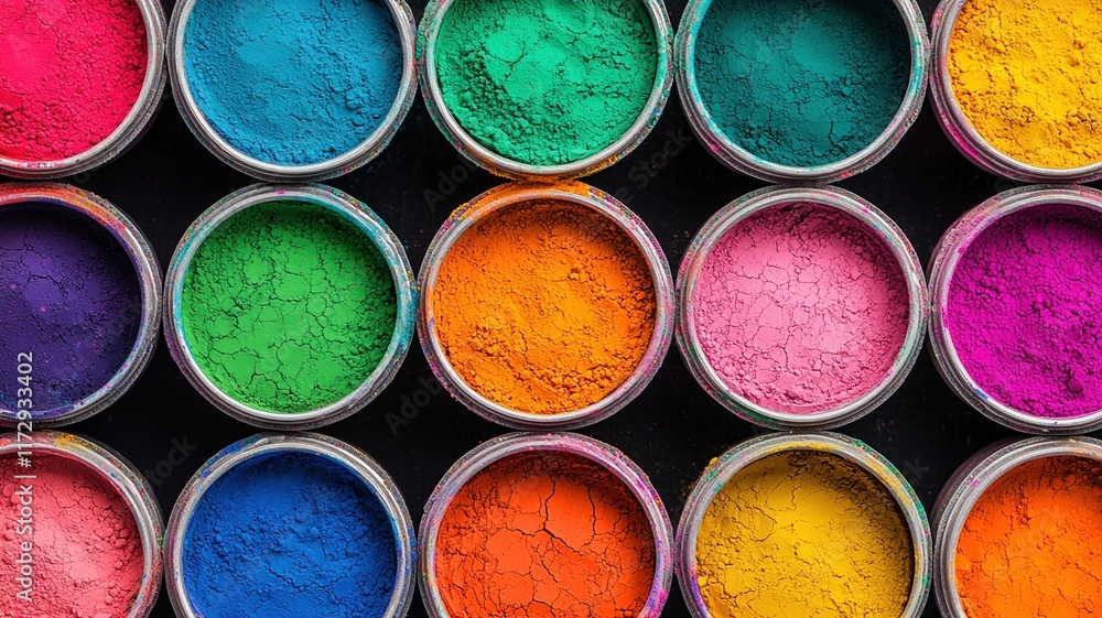 Poster holi excitement concept. vibrant powders in circular containers arranged in a colorful pattern.