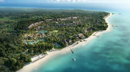 Fototapeta premium A bird's-eye view of Koh Samet island, showcasing its lush forests, sandy beaches, and clear blue waters.