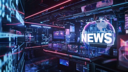 Dynamic digital news studio featuring 3d rotating earth and animated  news  text on dark background