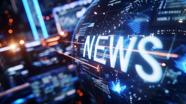 Futuristic digital news studio featuring rotating 3d earth and animated glowing  news  text