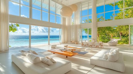 Fototapeta premium A bright and spacious Maldives villa with large windows offering panoramic ocean views.