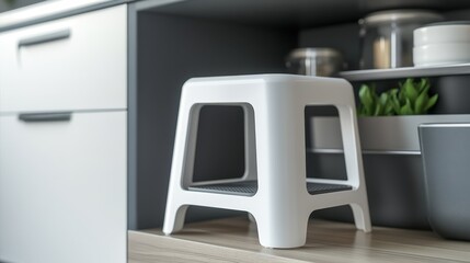 A white plastic stool on a kitchen shelf, designed for convenience and accessibility.