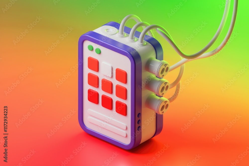 Poster A stylized 3D render of a futuristic music controller with colorful buttons and cables.