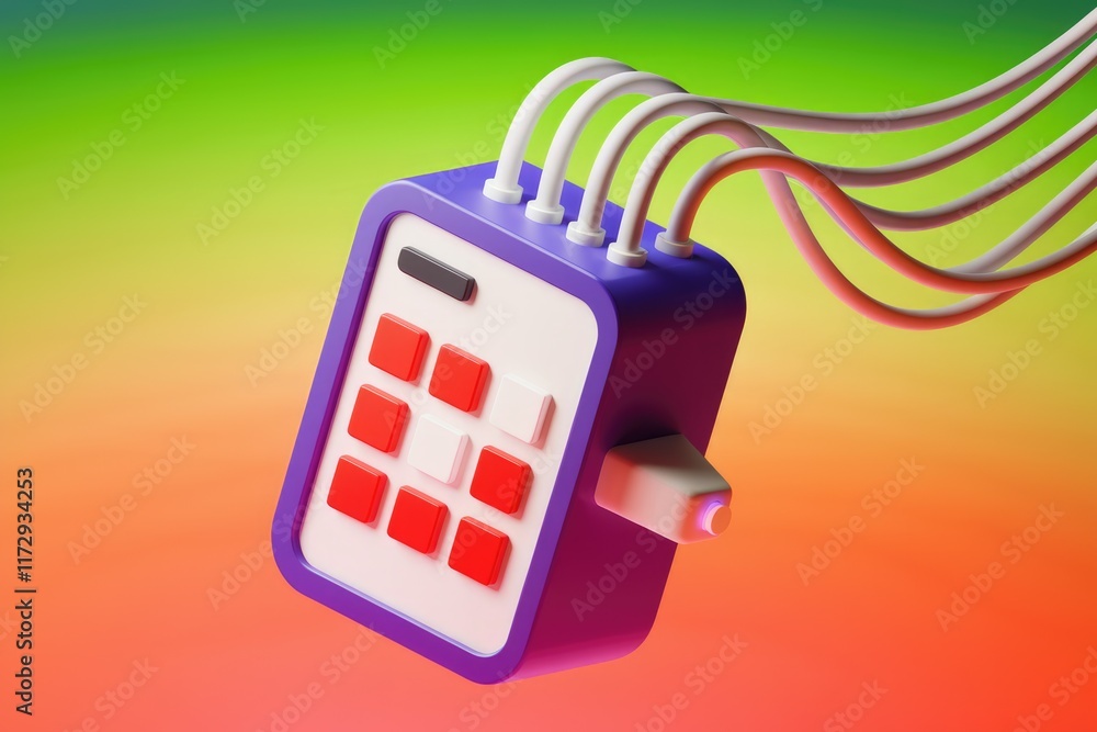 Aufkleber A vibrant 3D render of a futuristic purple device with red and white buttons, connected by multiple cables.