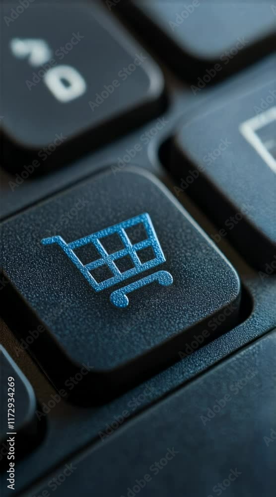 Poster blue shopping cart symbol glowing on a black computer keyboard key represents the ease and convenien