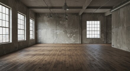 Large empty loft space, industrial interior, wooden floors, exposed concrete ceiling, multiple tall windows, natural light, spacious, urban warehouse, minimalist, rustic, open floor plan, sunlit room,