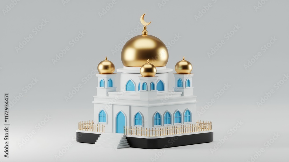 Poster a 3d rendering of a stylized mosque with gold domes and blue accents, symbolizing islamic architectu