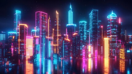 Fototapeta premium Futuristic city skyline at night with vibrant neon lights reflecting on water.