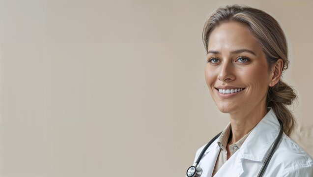 Ritratto di dottoressa su sfondo neutro 