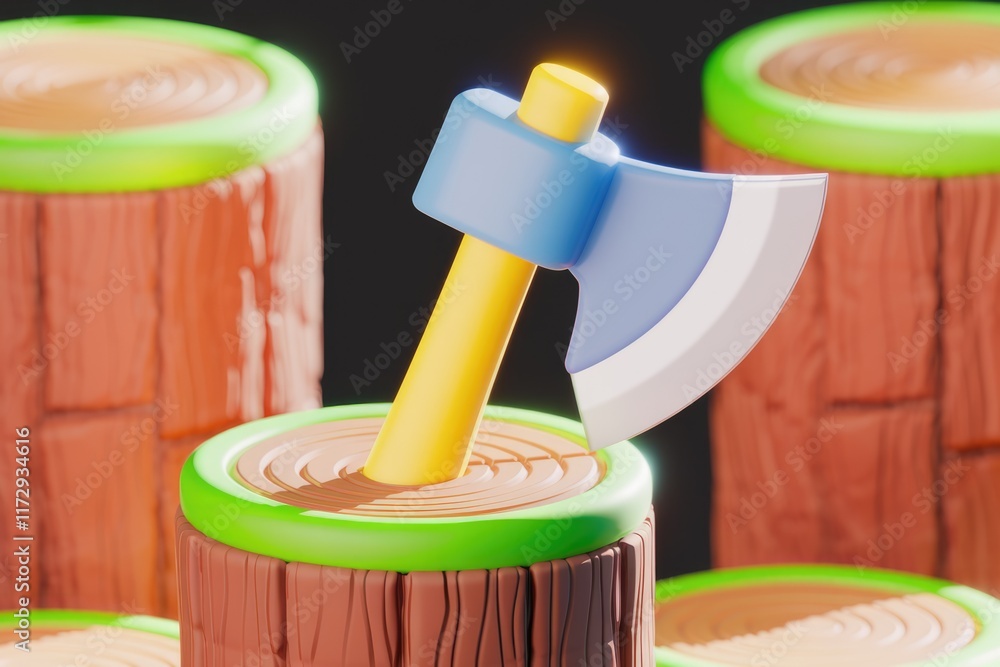 Poster A cartoonish yellow and blue axe is embedded in a brown tree stump surrounded by other stumps.