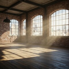 Large industrial loft space, sunlit interior, wooden floors, exposed beams, multiple tall windows, empty room, sunbeams streaming through windows, atmospheric dust particles, warm light, spacious inte