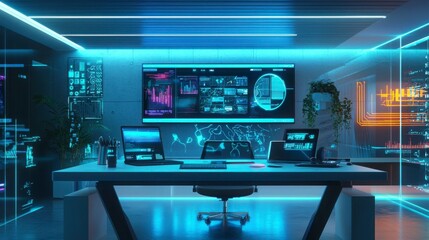 Fototapeta premium Futuristic Office Space with High-Tech Displays and Ambient Lighting