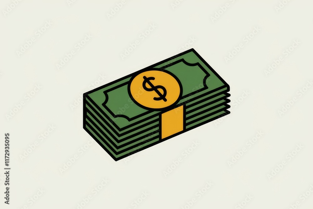 Poster an isometric illustration of a stack of banknotes with a dollar coin on top, symbolizing wealth and 