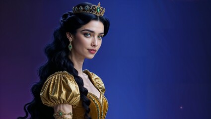 Regina delle fiabe con vestito dorato e corona 